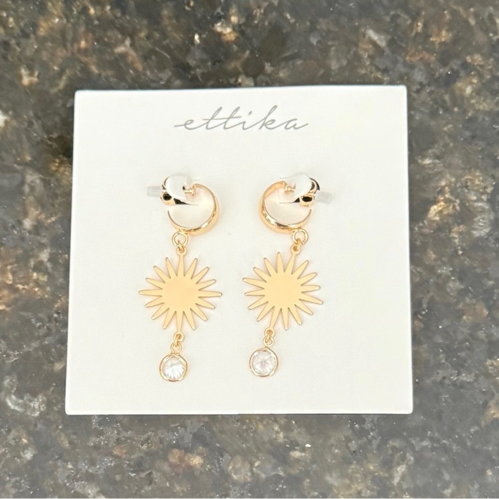 Ettika Gold Star Burst‎ Earrings Cubic Zirconia Hoop with Dangle NEW